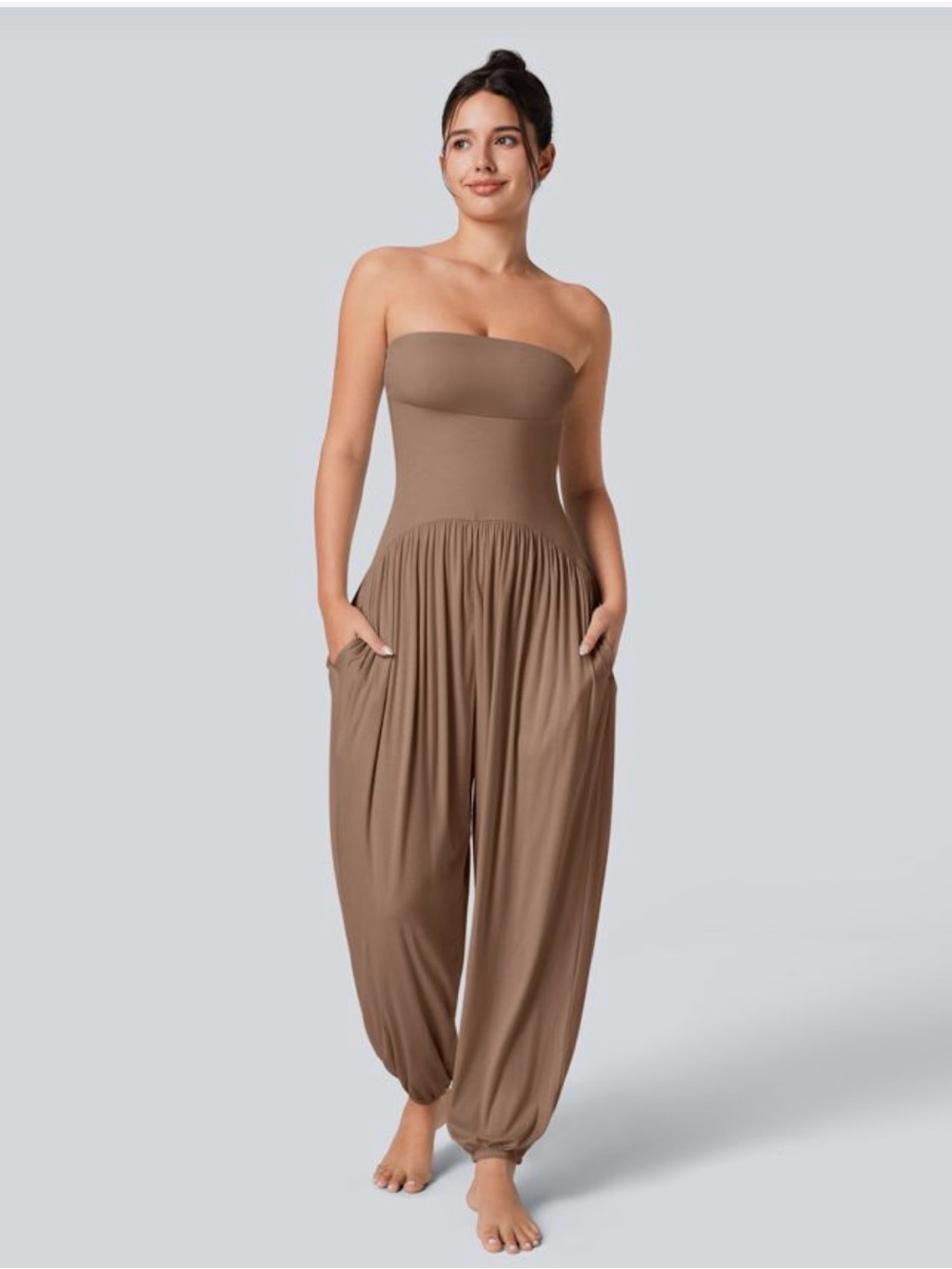 HALARA Strapless Smocked Jumpsuit in Taupe NWT